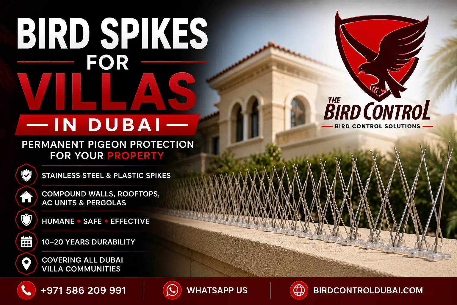 You are currently viewing Bird Spikes for Villas in Dubai — Permanent Pigeon Protection for Your Property